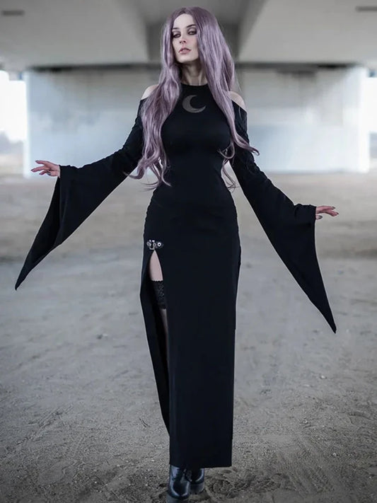 AltGoth Aesthetic Dark Gothic Dress – Vintage Streetwear Halloween Moon Hollow-Out Flare Sleeve O-Neck Dress for Women