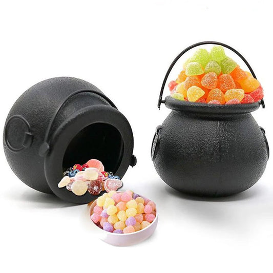 Halloween Witch Cauldron Decoration – Mini Black Plastic Cauldrons & Pumpkin Treat Buckets