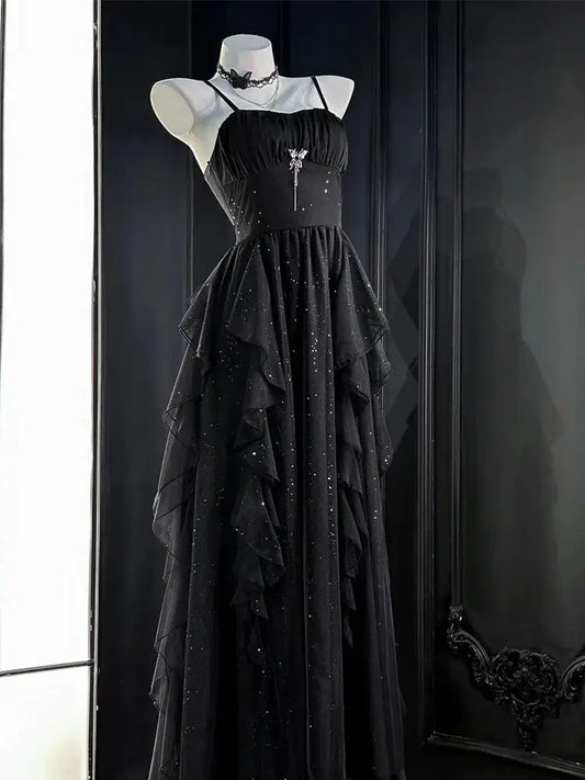New Dark Academia Gothic Black 2-Piece Set for Women – Fluffy Dress & Chic Fitted Top