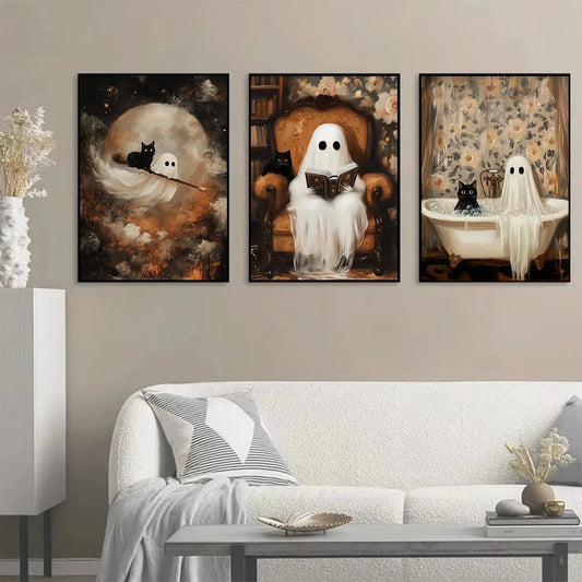 Cute Witch Ghost & Cat in Bathtub – Halloween Spooky Canvas Poster Wall Art