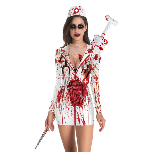 Halloween Horror Blood Nurse Uniform Cosplay Costume – Women & Girls Dress with Printing, Stockings & Skirt