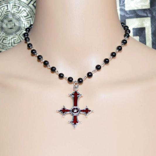 Pentagram Cross Necklace – Gothic Retro Pagan Velvet Choker with Carved Inverted Cross