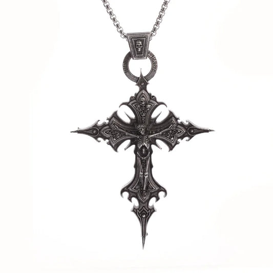 Vintage Gothic Skull Jesus Cross Pendant Necklace – Punk Catholic Amulet for Men