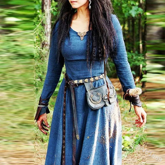 Medieval Fantasy Elven Maxi Dress – Long Sleeve Renaissance Celtic Viking Gown for Women