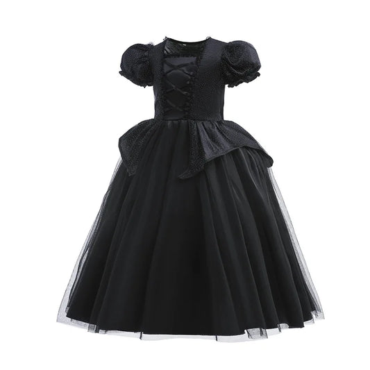 Halloween Costume for Kids – Black Witch Dress with Luxury Lace & Sequin Details