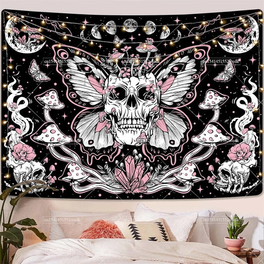 Skull Floral Tapestry – Mushroom Skeleton Goth Wall Hanging with Moth, Moon & Stars Design