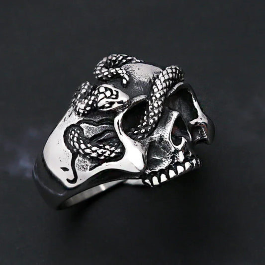 Vintage Punk Snake Skull Ring – Stainless Steel Hip Hop & Biker Jewelry for Men