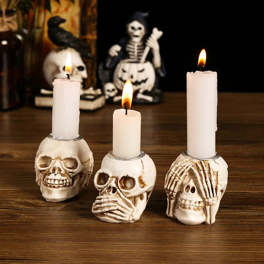 Halloween Skeleton Candle Holder – Realistic Skull Resin Candlestick for Spooky Decor, Haunted House/Escape Room/Movie Prop