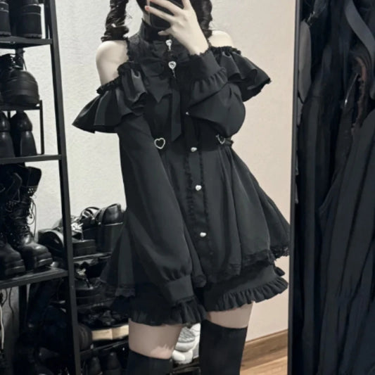 Japanese Gothic Y2K Lolita Style Bow Dress &amp; Shorts Set – Women’s Lace Ruffles Off-Shoulder Button Shirt Dress, Sweet Slim Party Dress