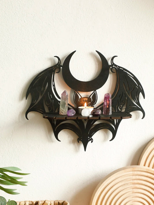 Black Halloween Wooden Wall Shelf – Gothic Bat & Moon Hollow Pattern Floating Shelf for Crystal & Goth Home Decor
