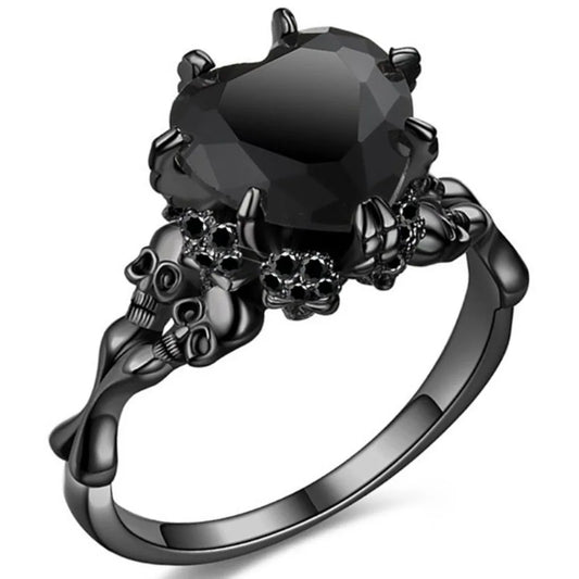 Skull Gothic Black Ring – Heart-Shaped Red Crystal Vampire Double Skull Ring for Women