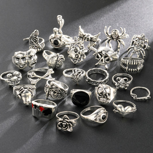 24 Pcs Gothic Skeleton Unisex Ring Set – Punk Grunge Butterfly & Frog Design for Men & Women
