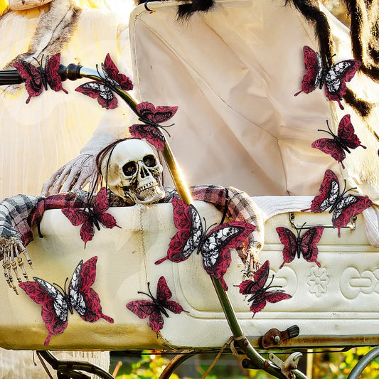 Set of 12 Double Skull Roses Halloween 3D Butterflies Decorate – Living Room & Bedroom 3D Stickers