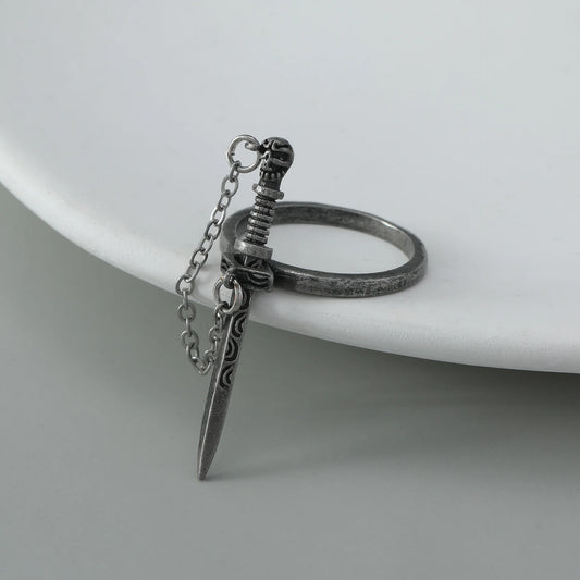 Gothic Dark Crossing Swords Ring – Creative Chain Tassel Skeleton Ring for Women, Vintage Antique Silver Style