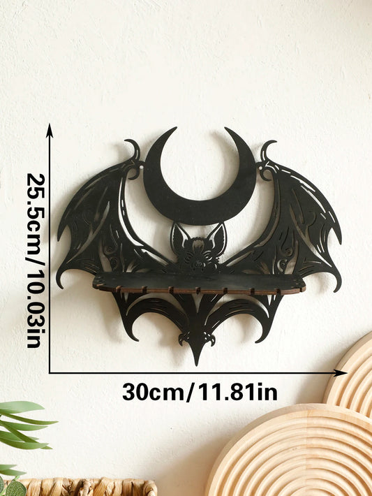 Black Halloween Wooden Wall Shelf – Gothic Bat & Moon Hollow Pattern Floating Shelf for Crystal & Goth Home Decor
