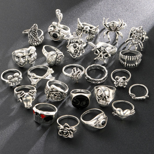 24 Pcs Gothic Skeleton Unisex Ring Set – Punk Grunge Butterfly & Frog Design for Men & Women