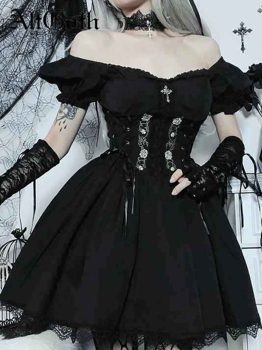 AltGoth Vintage Gothic Princess Dress – Harajuku Lace-Up Cross Corset Lolita Dress for Women