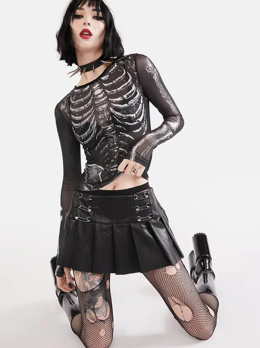 Gothic Punk Shirt 2000s for Women – Skeleton Pattern Round Neck Long Sleeve Crop Top