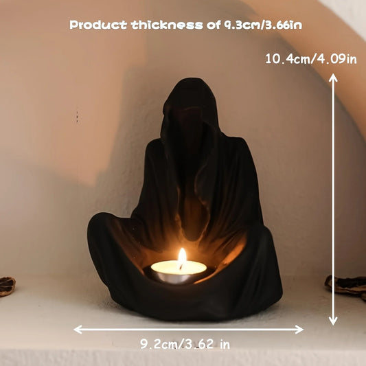 Mysterious Cloak Candelabra with Gothic Dark Knight Grim Reaper Statue – Halloween Desktop Candle Holder