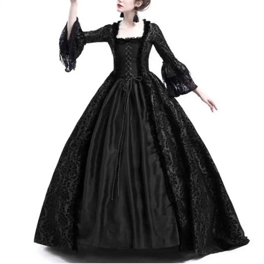 Women’s Vintage Medieval Gothic Maxi Dress – Square Neck, Flare Sleeves & Lace Patchwork