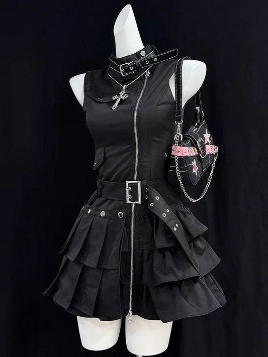 Aesthetic Vintage Slim Sleeveless Black Dress – Women’s Gothic High Street Skinny Ruffle Retro Dress with Belt