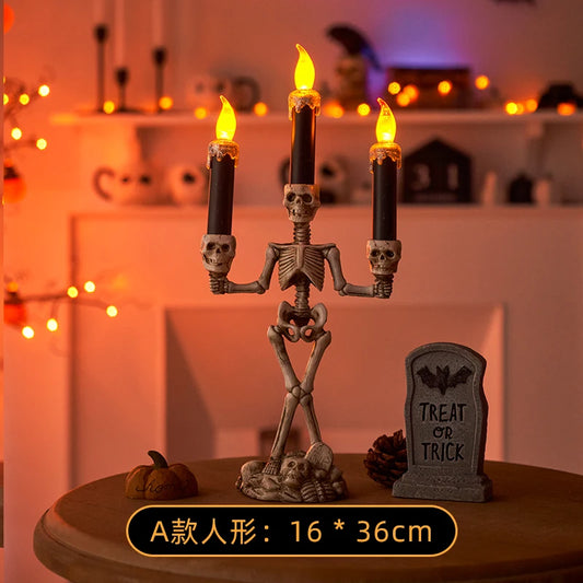 Skull Candlestick LED Halloween Candle Holders Flameless Candles Holder Stand Horror Props Halloween Decoration House Decor