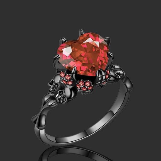 Skull Gothic Black Ring – Heart-Shaped Red Crystal Vampire Double Skull Ring for Women