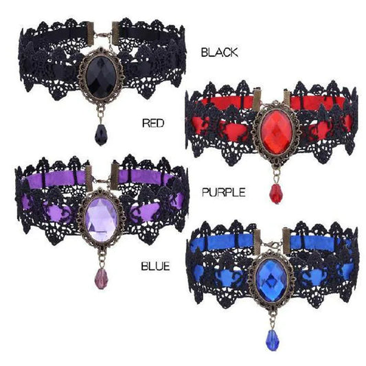 Gothic Sparkling Gemstone Choker – Retro Punk Lace Necklace for Halloween & Vampire Aesthetic