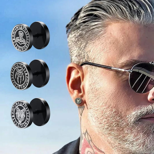 Gothic Norse Viking Runes Stud Earrings – Stainless Steel Wolf Head & Celtic Knot Earrings for Men & Boys