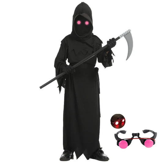 Halloween Grim Reaper Cosplay Costume for Children – Glowing Red Eyes Skeleton Robe with Scythe Props