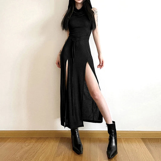 Goth Dark Cyber Gothic Desert Walker Hooded Dress – Y2K Punk Grunge Hollow-Out Midi Dress with Side Split for Women