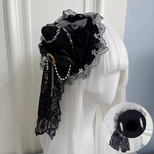 Handmade Lolita Gothic Flat Hat – Dark Punk Halloween Magic Girl Top Hat for Women