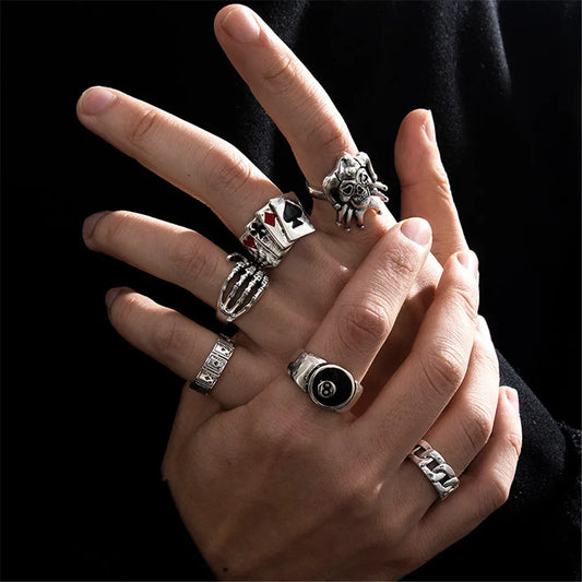 6pcs/Set Exaggerated Skull Poker Clown Joker Rings – Punk Y2K Goth Skeleton Men’s Jewelry Accessories