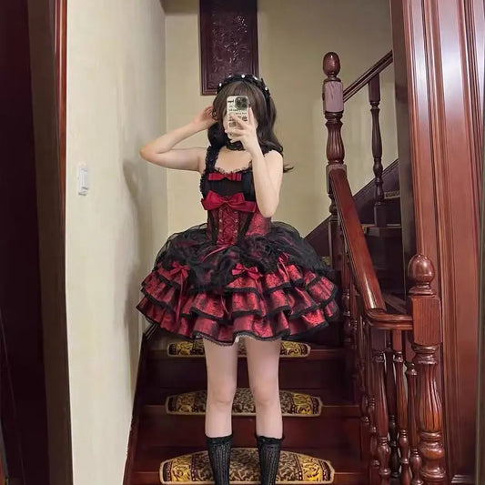 MAGOGO Gothic Lolita Y2K Dress – Vintage Victorian Harajuku Bow Lace Bandage Party Dress