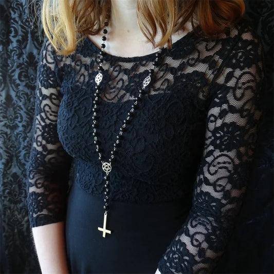 CUSTOMIZABLE Black Rosary with Inverted Stainless Steel Cross & Pentagram – Satanic Black Metal Chain