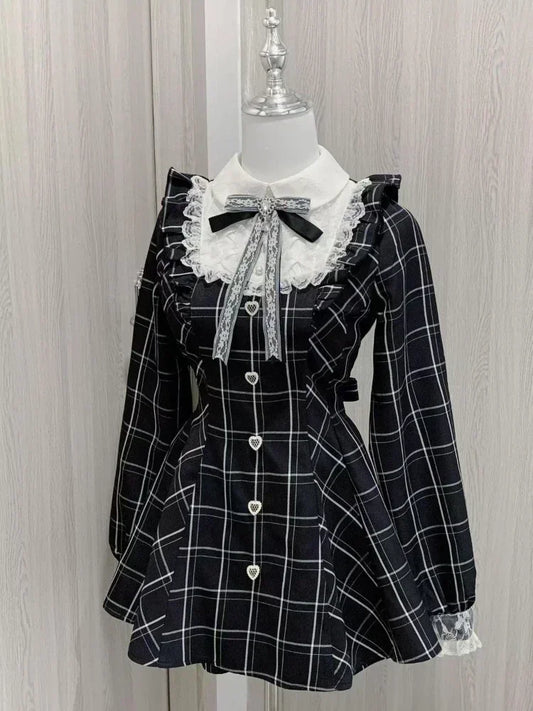 Japanese Fairy Sweet Lace Patchwork Plaid Dress – Kawaii Grunge Long Sleeve Y2K Aesthetic JK Lolita Dress for Women