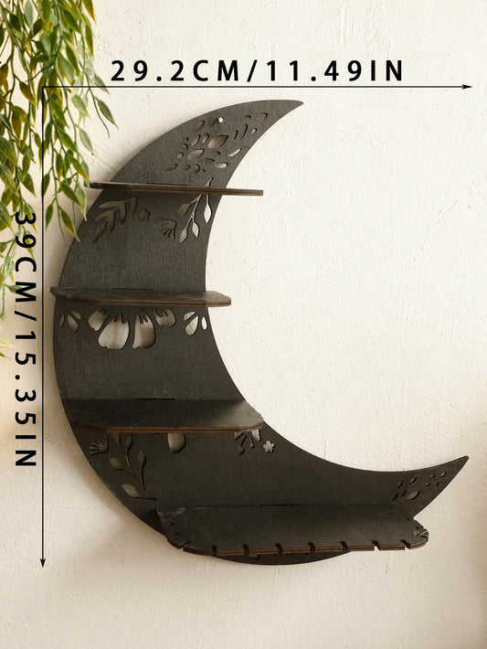 30/39cm Black Moon Wall Shelves – 4-Tier Gothic Floating Shelf for Crystals & Essentials