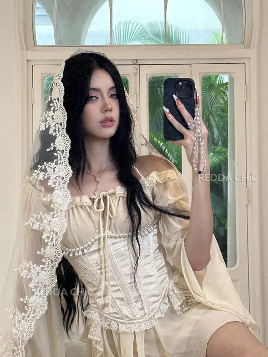 REDDACHiC Irregular Ruffle Ribbon Mini Chiffon Dress – Victorian Lace & Satin Waist Trainer