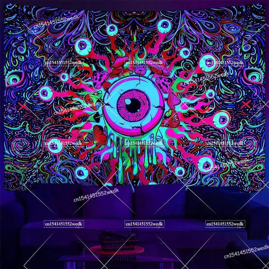 Hippie Skull Blacklight Tapestry – UV Reactive Neon Glow-In-The-Dark Halloween Skeleton Wall Hanging