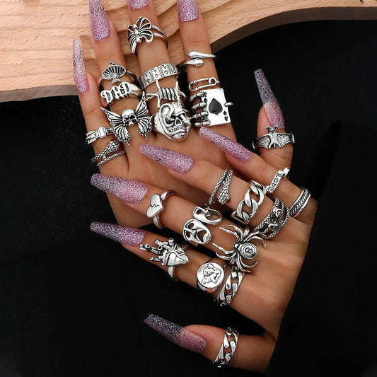 Vintage Punk Metal Multi-Element Ring Set for Women & Men – Antique Silver Butterfly, Snake & Skull Gothic Jewelry