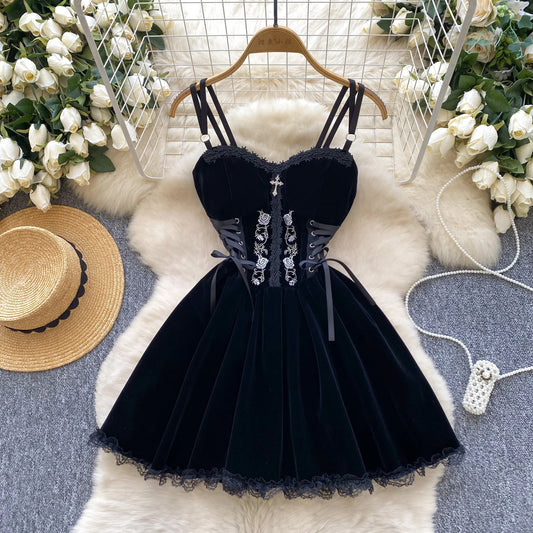 Dark Academia Gothic Summer Sexy Lolita Dress – Vintage Bandage Corset Lace Mini Dress for Women