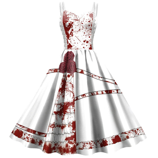 Halloween Horrible Blood Rose Princess Cosplay Costume – Girls & Women Dress with Printing & Stockings