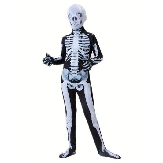 Halloween Boys Skeleton Costume (Ages 3-12) – Printed Jumpsuit with Scary Mask for Spooky Role Play