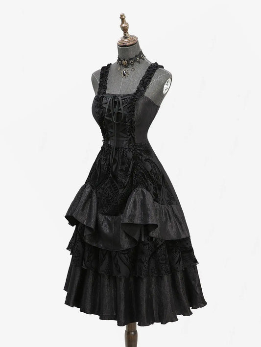 ROSEGAL Gothic Lolita Dress – Black Classic Floral Mesh with Flocking, Lace-Up & Ruffles