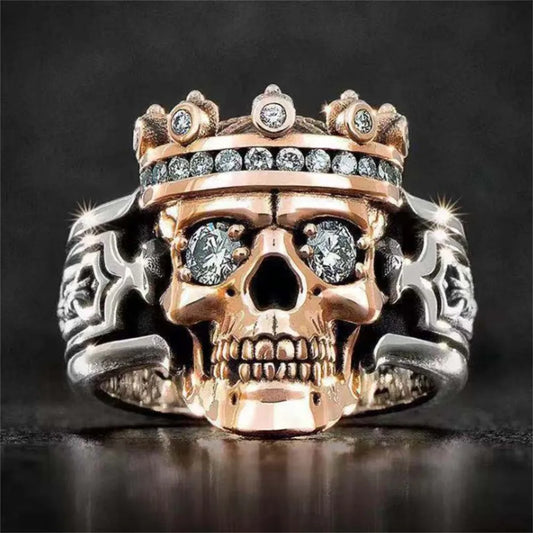 Bohemian Motorcycle Rider Crown Skull Ring – Two-Color Retro Punk Ring with White Crystal Rose Eye for Men