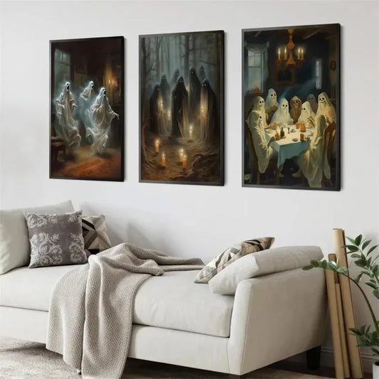 Halloween Ghost with Candles & Flowers in the Forest – Dark Academia Gothic Wall Art