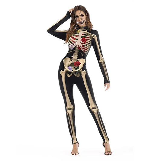 Halloween Costume Carnival Party Scary Skeleton Bone Bodysuit Jumpsuit – Adult Women Horror Bloody Catsuit