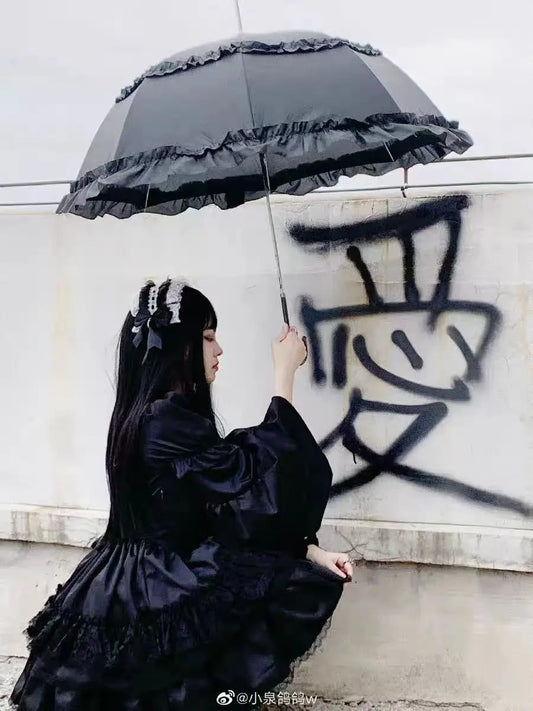 Autumn Spring Long Puff Flare Sleeve Gothic Vintage Lace Lolita Dress – Solid Black Ball Gown with Two-Way Wearing Customization