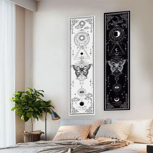 Gothic Witchy Sun &amp; Moon Vertical Tapestry – Black & White Butterfly Wall Hanging for Living Room & Bedroom