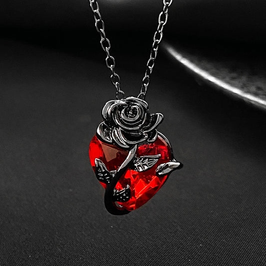 Gothic Rose Red Love Necklace – Women’s Y2K Grunge Jewelry with Bloody Human Heart Pendant